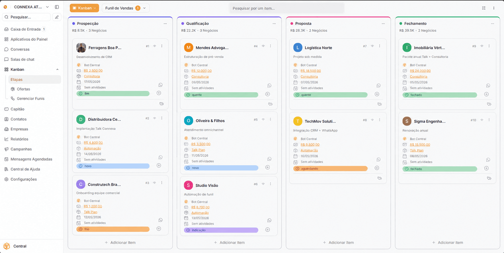 CRM integrado: Pipelines no estilo Kanban que mostram cada negociação, cliente e ticket no estágio certo.